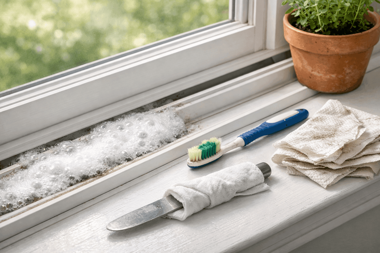 Window track cleaning in progress with baking soda fizzing in a white window track channel beside a toothbrush and folded cleaning cloth on a bright spring morning