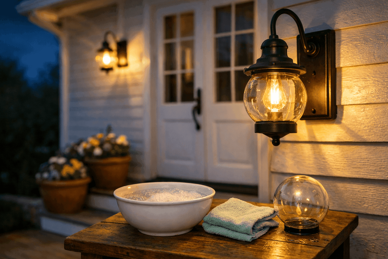 A freshly cleaned black wall-mounted outdoor lantern fixture glowing warmly beside a white front door on a spring evening, with a clean glass globe and visibly bright light output compared to a grimy uncleaned fixture partially visible at the edge of the frame