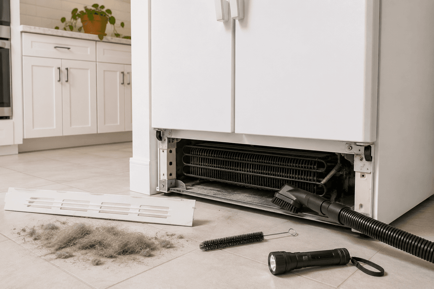 Refrigerator coils being cleaned with a vacuum brush attachment, showing dusty coils on the left and cleaned coils on the right with the front grille panel removed