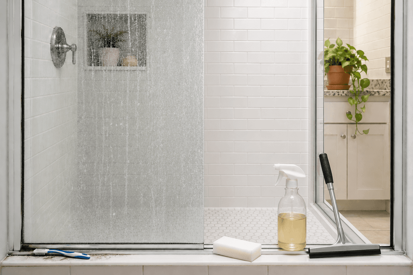 A glass shower door being cleaned with a non-scratch sponge showing the dramatic contrast between the hazy soap-scum covered left half and the crystal-clear cleaned right half, with a spray bottle of vinegar solution and squeegee on the shower ledge