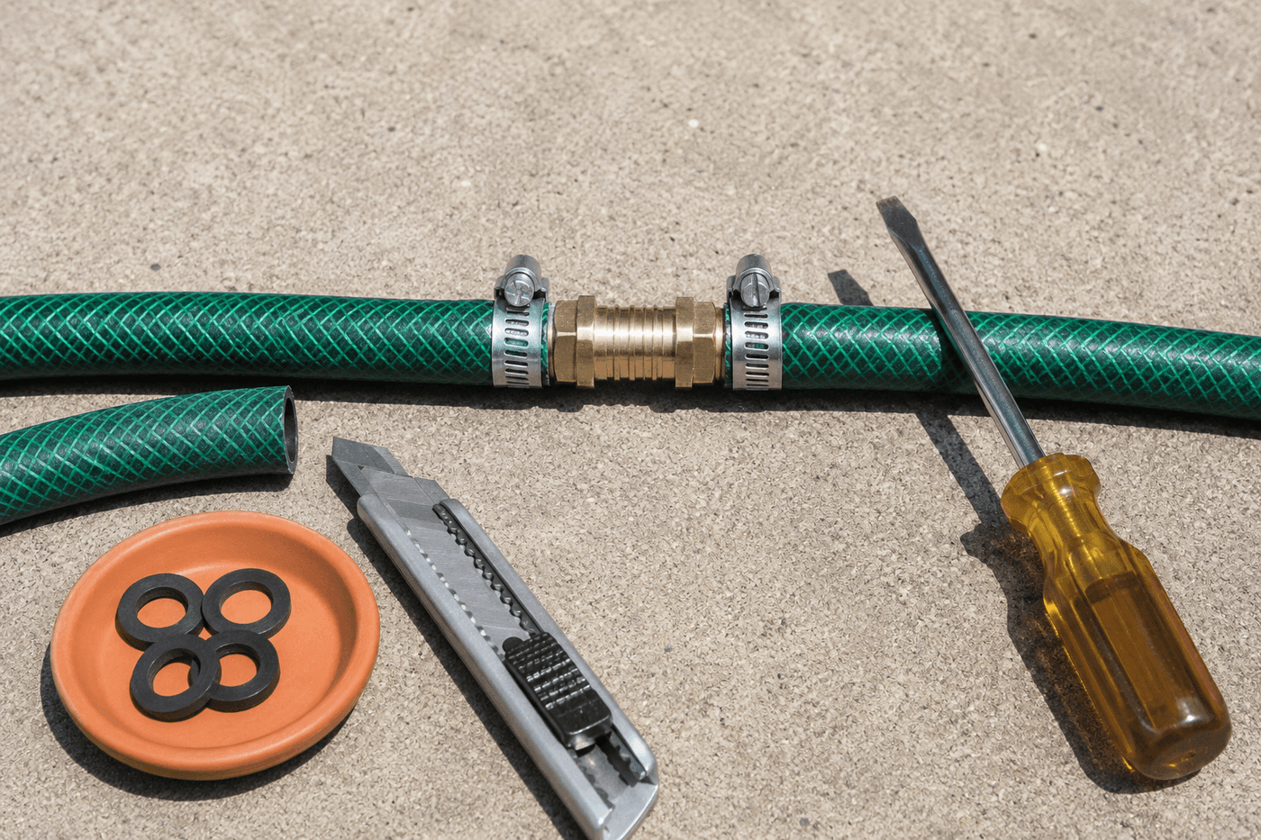 Close-up of a brass hose mending coupling connecting two cut ends of a green garden hose on a driveway surface, with two tightened hose clamps visible on each side and a flathead screwdriver and utility knife nearby