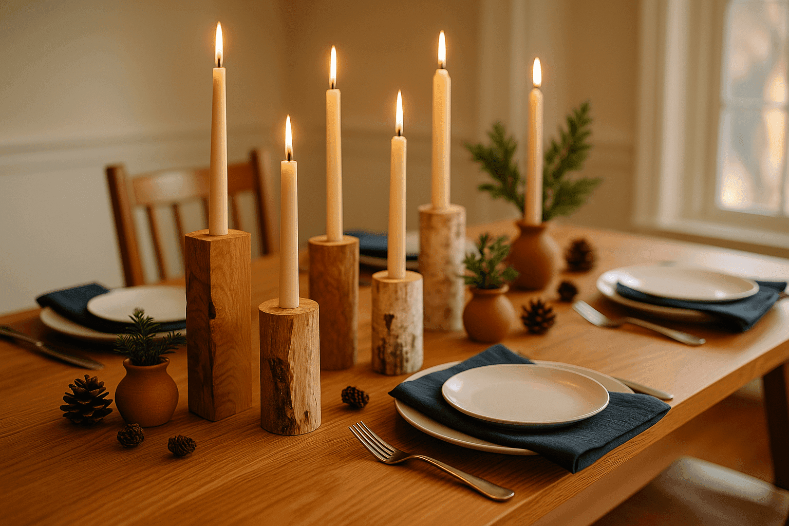 Handmade wooden candle holders made from natural wood blocks and logs with taper candles creating rustic holiday table centerpiece