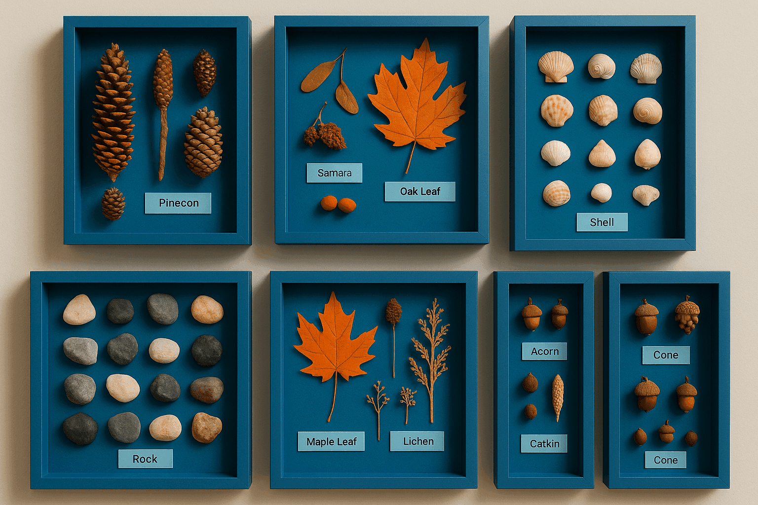 Beautiful shadow box display featuring organized collection of pinecones, acorns, rocks, and nature specimens with educational labels