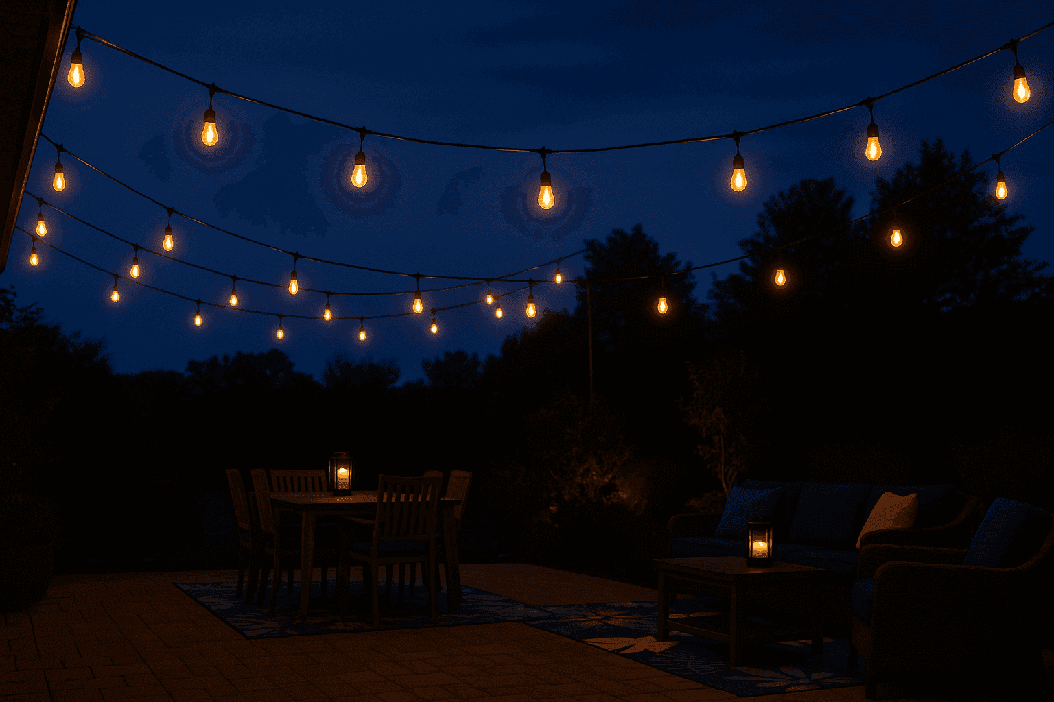 Magical patio evening with warm string lights creating romantic ambiance over outdoor dining area and seating