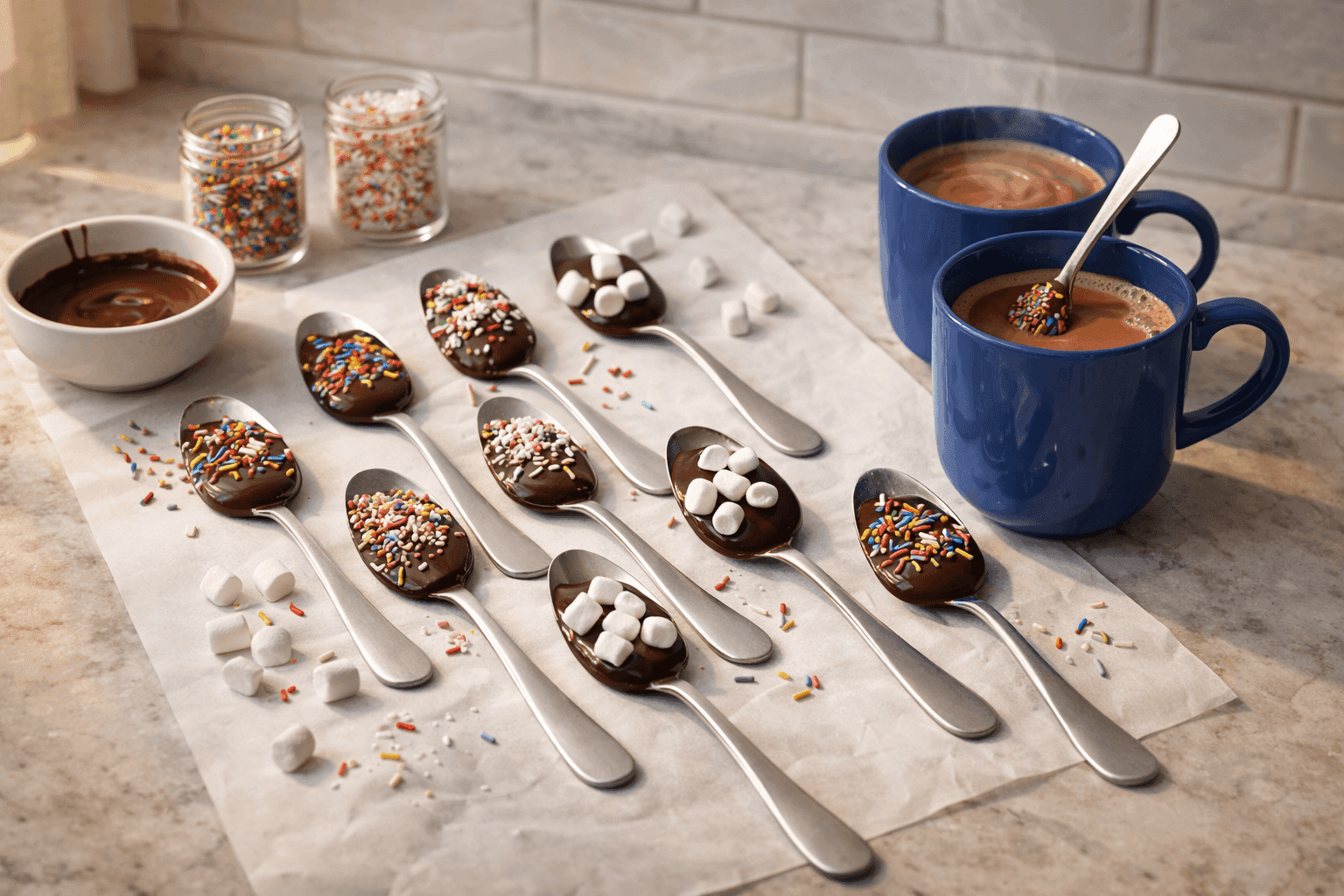 Beautiful chocolate-dipped spoons with colorful sprinkles arranged on parchment paper with mugs of hot cocoa nearby
