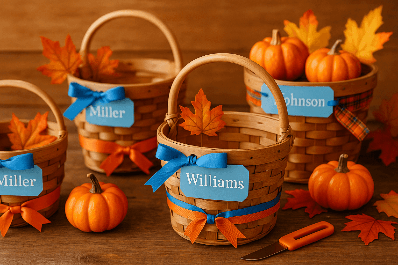 Beautiful decorated apple picking baskets with autumn ribbons, family name tags, and seasonal decorations ready for orchard harvest activities