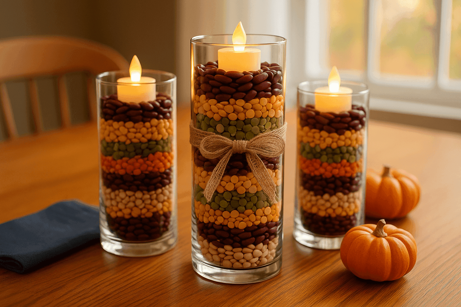 Beautiful clear glass vases filled with colorful layered dried beans, lentils, and split peas creating stunning harvest-themed centerpieces topped with glowing battery tea lights