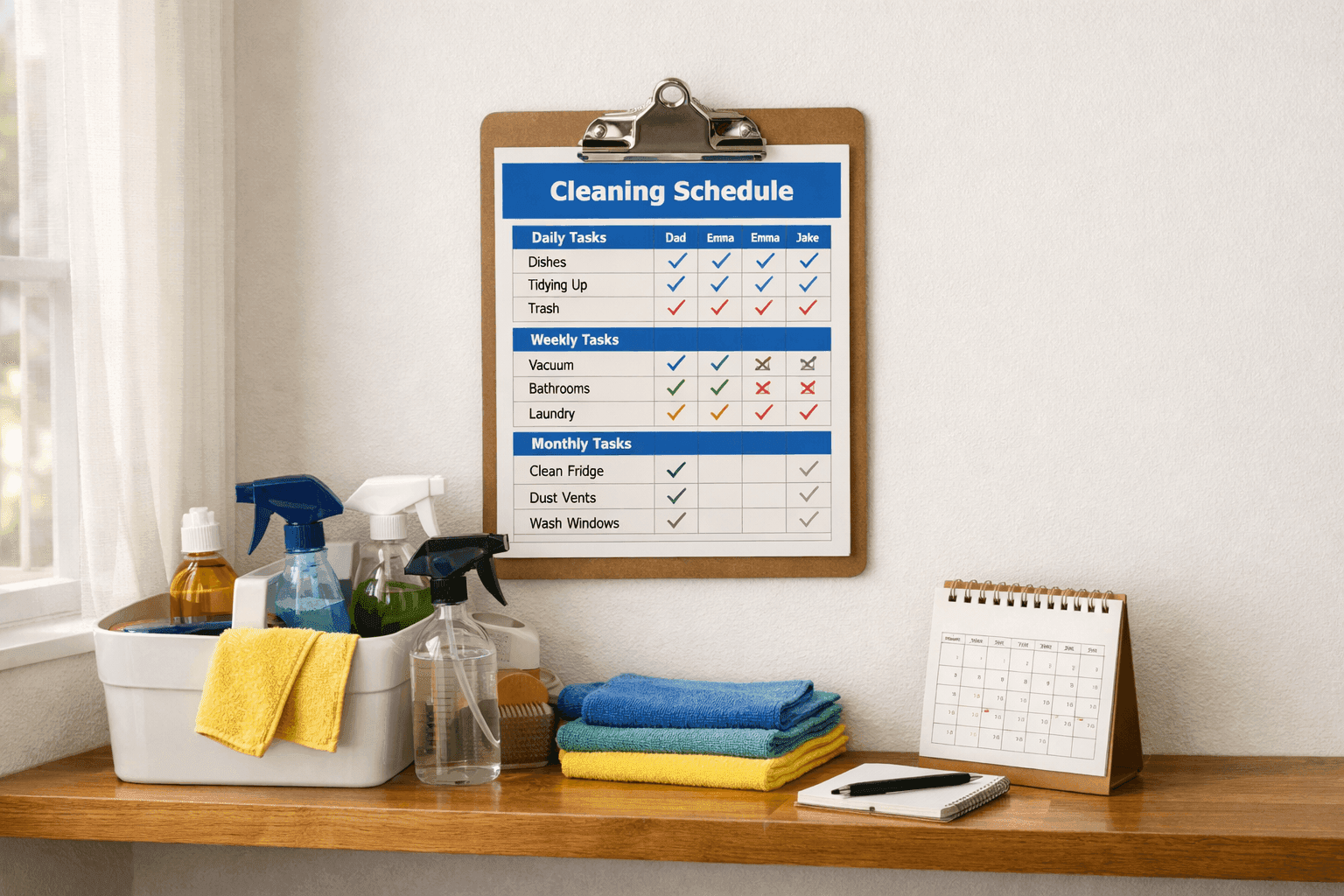 Organized cleaning schedule chart on clipboard with cleaning supplies and checklist showing weekly rotation system
