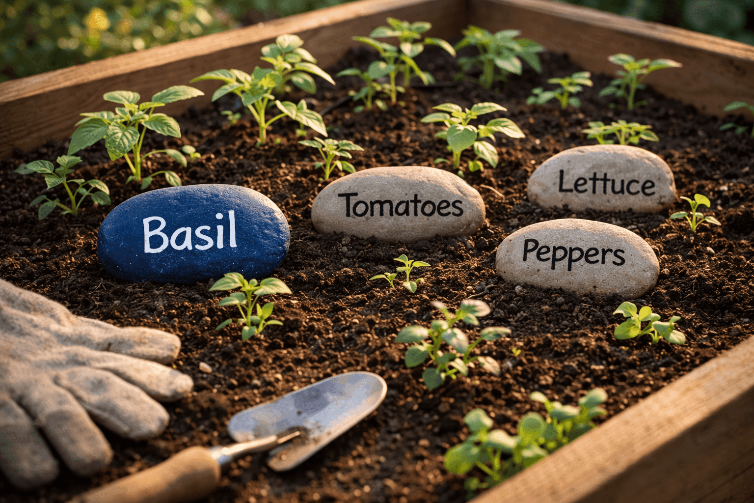 Painted stone garden markers with vegetable names arranged in raised garden bed with seedlings growing