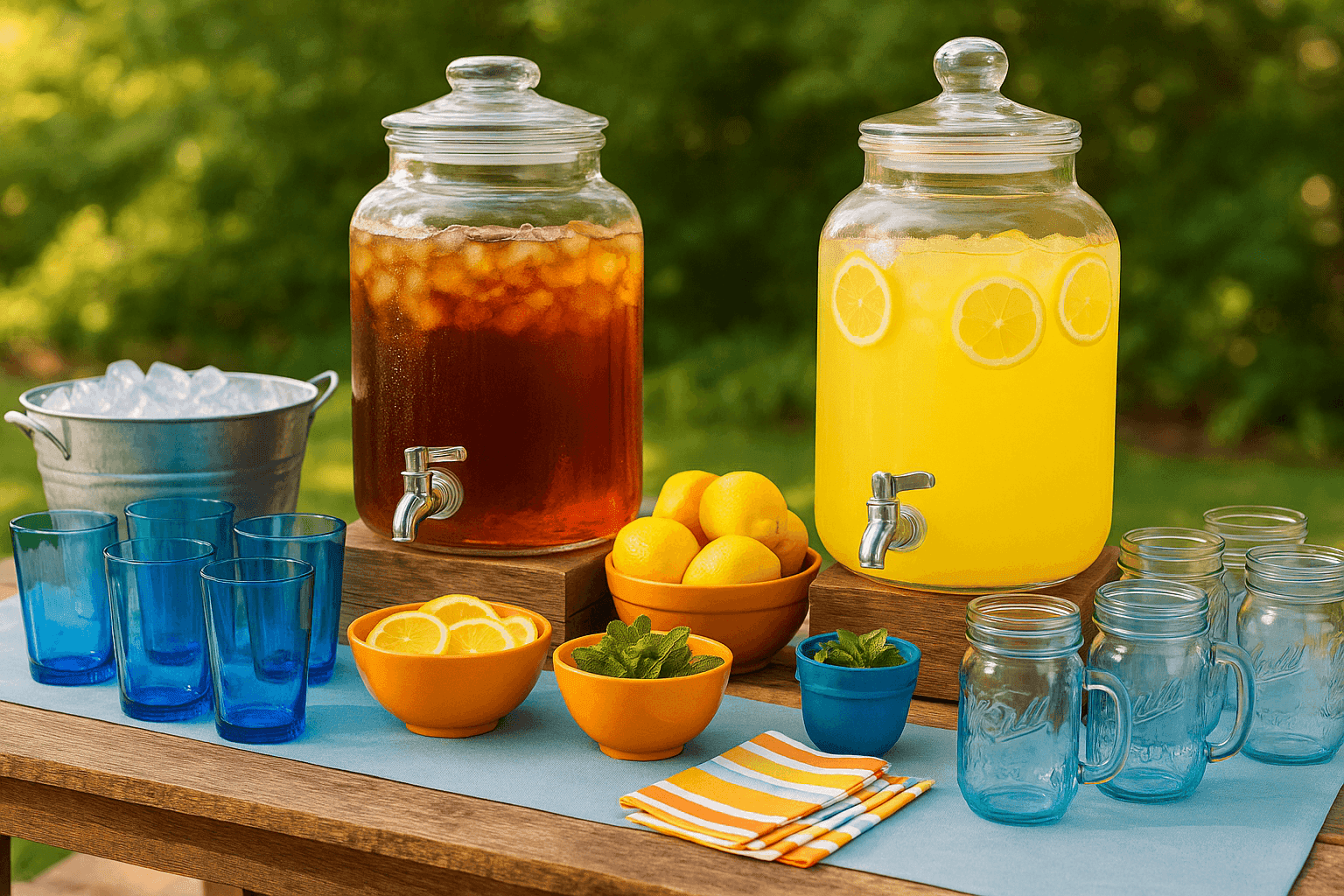 Elegant summer beverage station with glass dispensers filled with iced tea and lemonade, colorful drinkware, and fresh garnishes