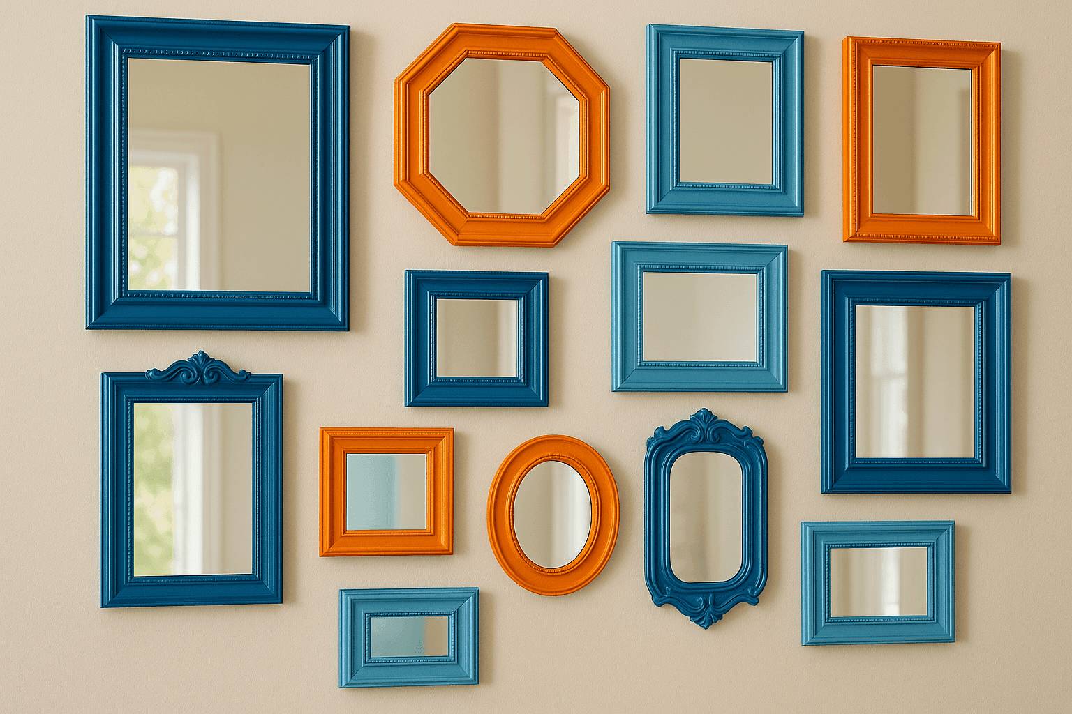Stunning mirror gallery wall featuring multiple small mirrors with coordinated painted frames in various colors creating an expensive-looking focal point