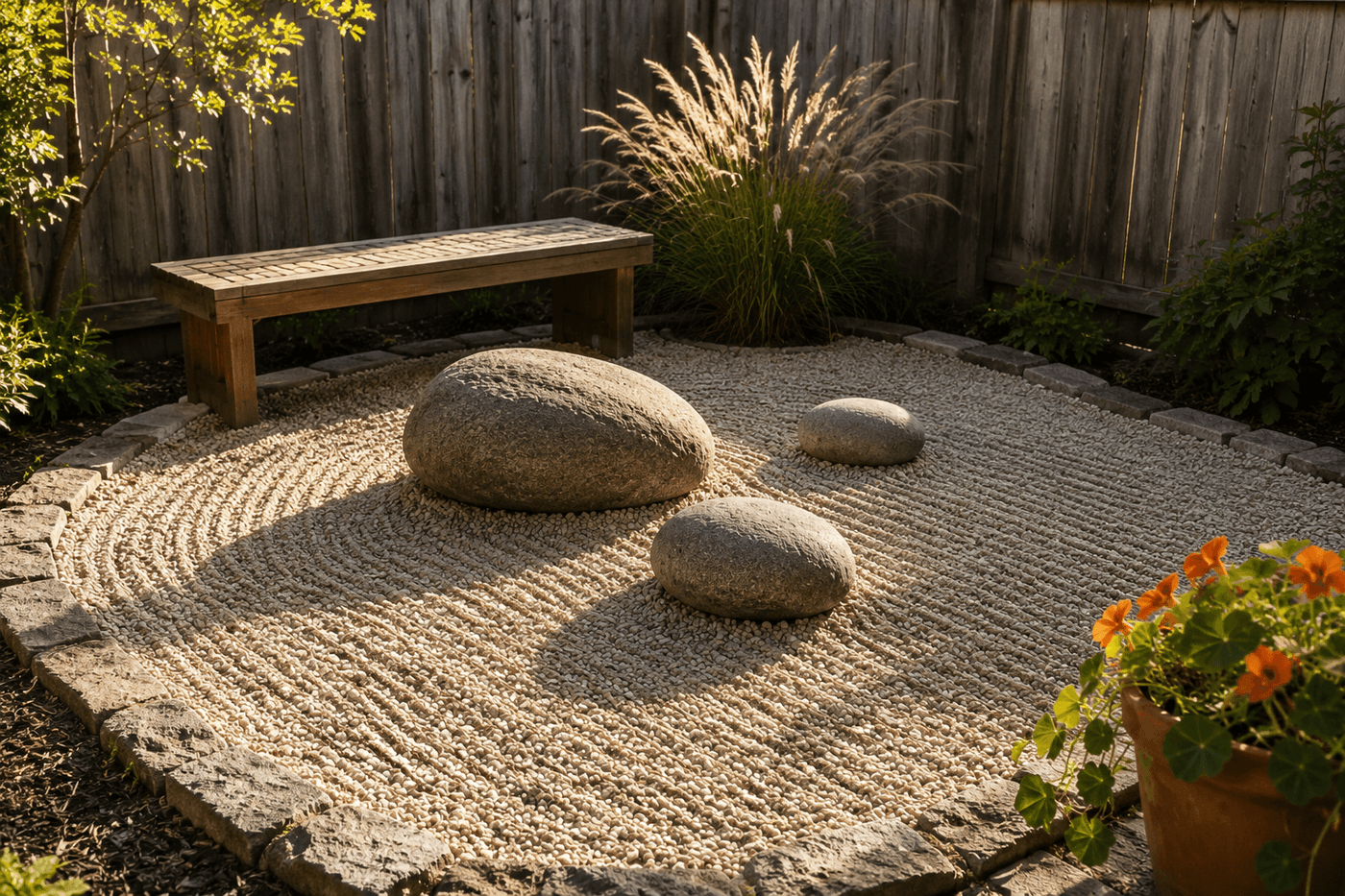 A serene backyard gravel meditation garden with raked pea gravel, two asymmetrically placed accent boulders, a simple cedar bench against a wooden fence, and a single ornamental grass in the corner