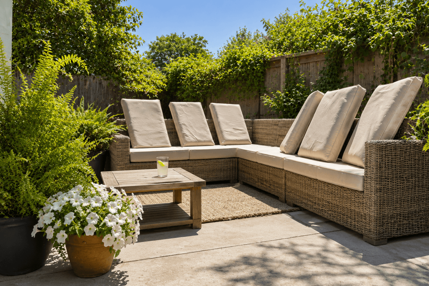 Freshly cleaned outdoor patio cushions in neutral tones arranged on a wicker sectional, surrounded by potted plants on a sunny backyard deck