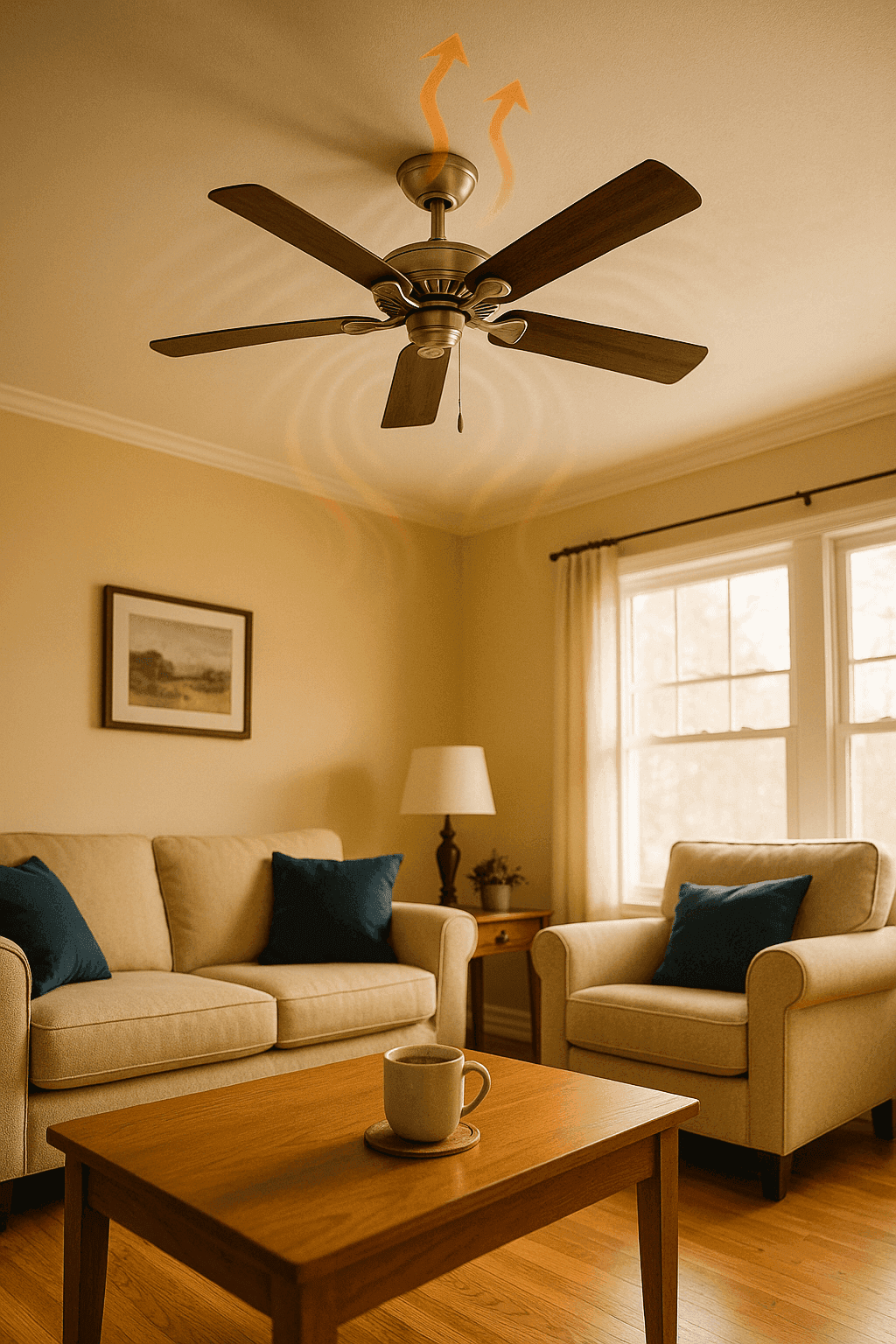 Modern ceiling fan in a cozy living room with arrows showing clockwise rotation pushing warm air down from the ceiling during winter