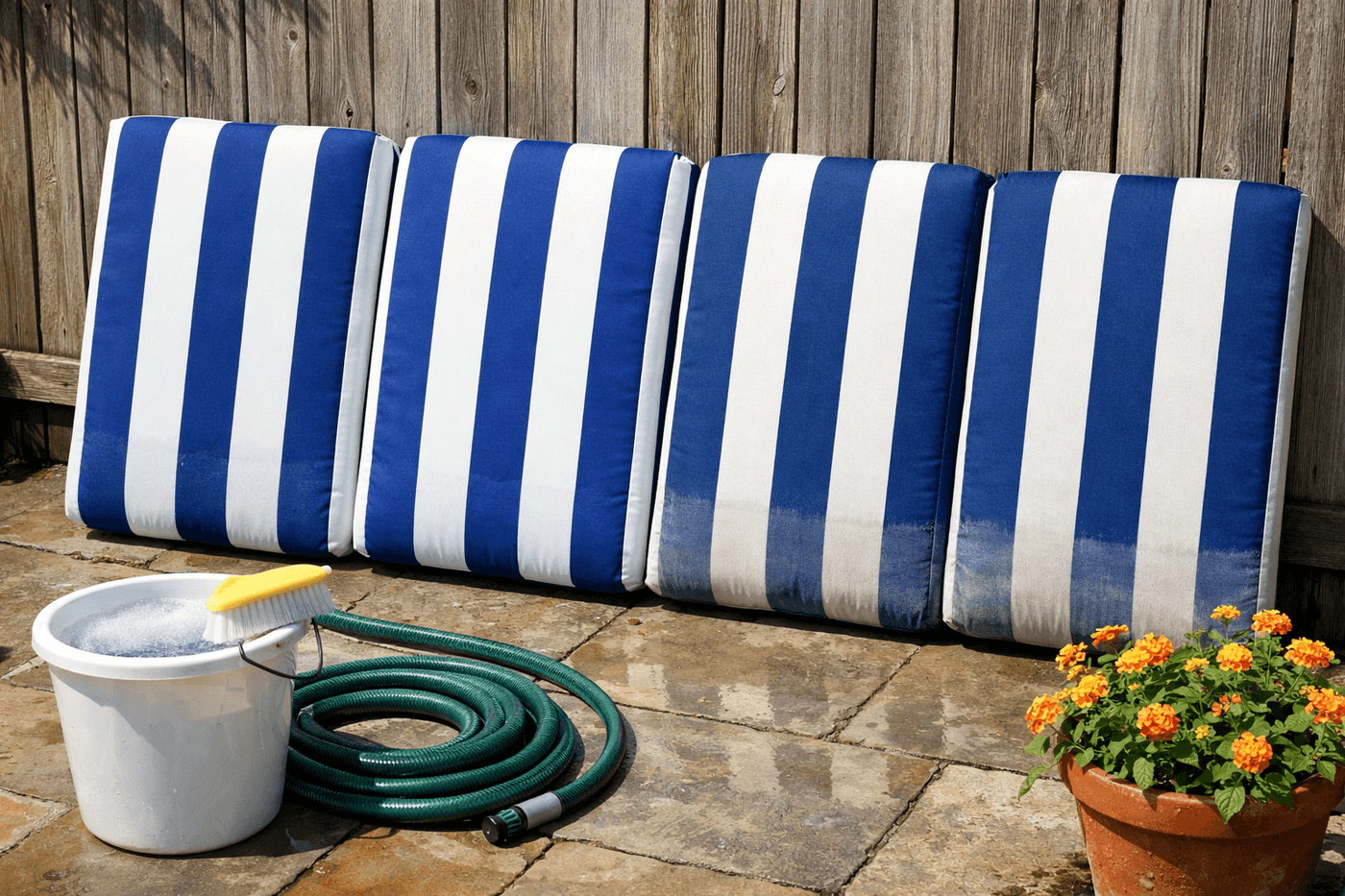 Outdoor patio cushions propped on their sides against a sunny fence drying after cleaning, with bright restored colors visible and a soft scrub brush and bucket of cleaning solution in the foreground