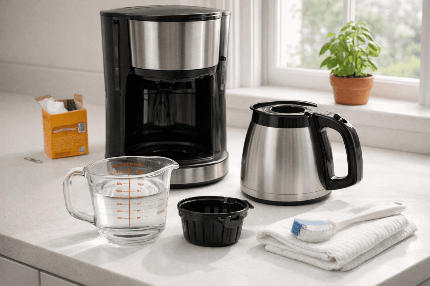 Coffee maker carafe, filter basket, and lid arranged beside a measuring cup of white vinegar and water solution on a clean kitchen counter during a deep cleaning session