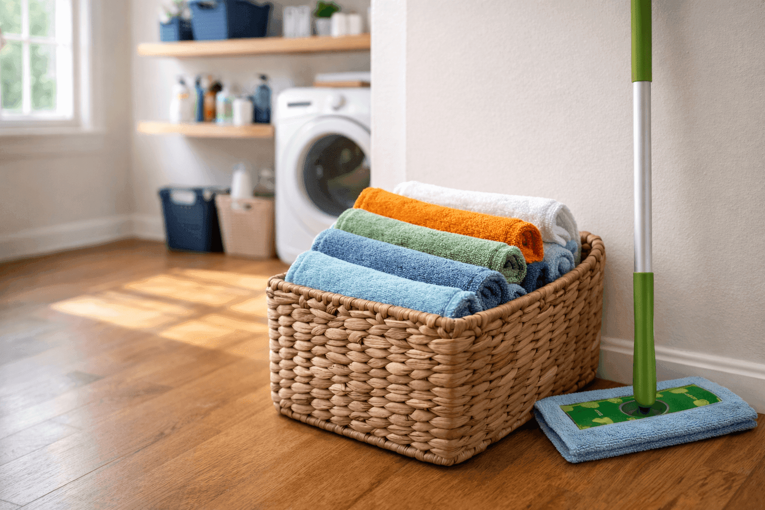 Homemade reusable Swiffer pads cut from old towels attached to cleaning mop on clean hardwood floor