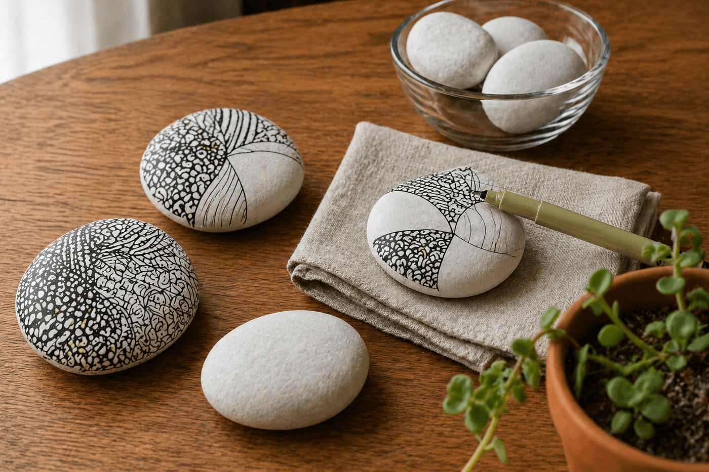 Several smooth river stones with intricate black zentangle patterns — dots, spirals, scales, and repeating geometric lines — arranged on a wooden surface beside a fine-point black marker and a small bowl of additional plain stones