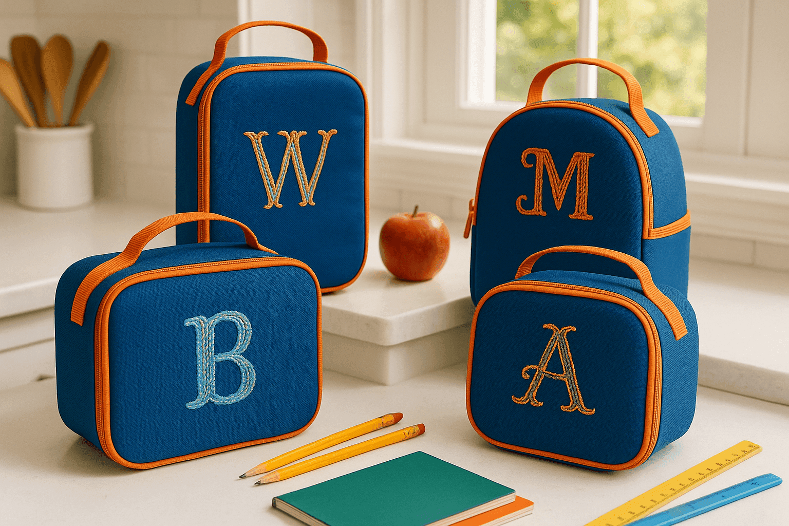 Collection of insulated lunch bags with beautifully embroidered monograms in colorful thread, showing personalized school accessories