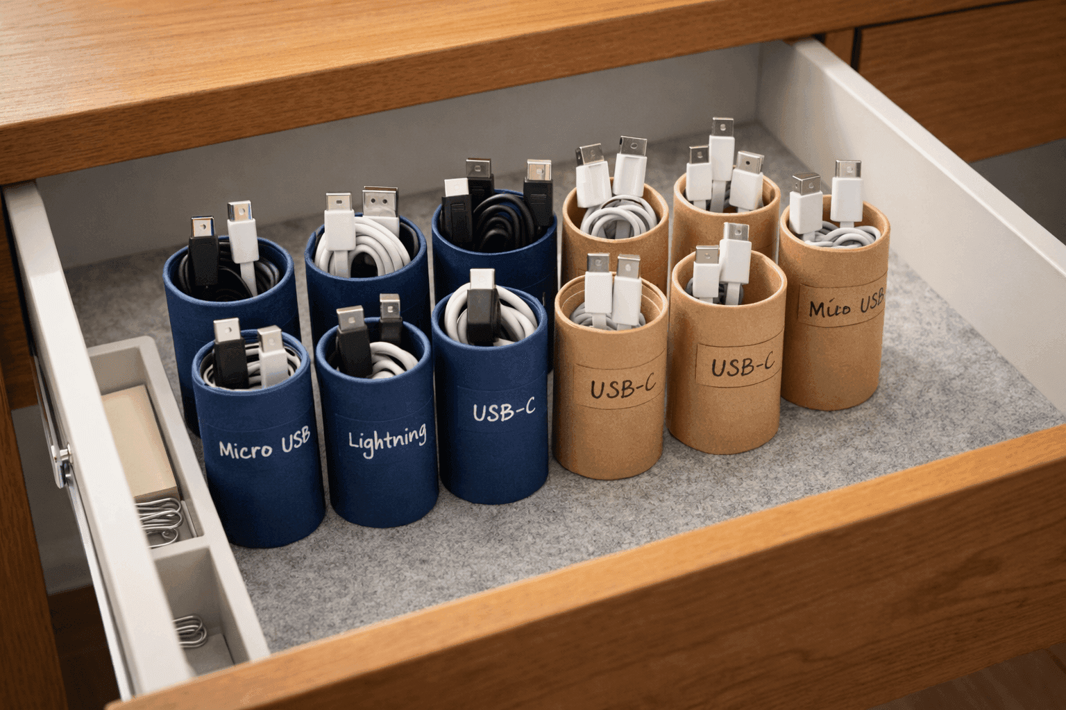 Organized drawer showing neatly coiled charging cables stored upright in labeled toilet paper tubes with clear handwritten labels