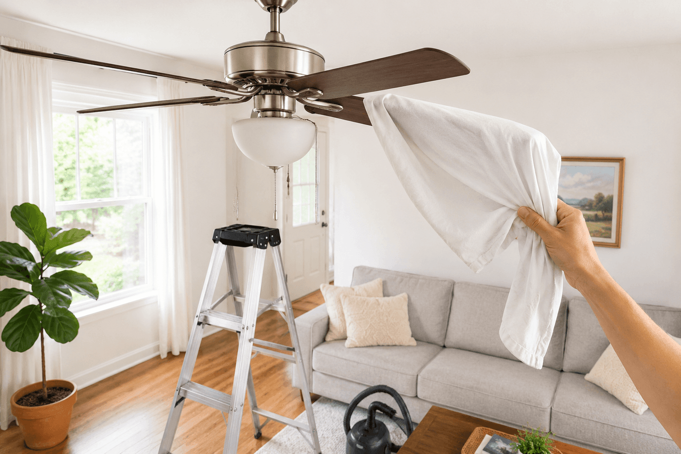 Person cleaning a ceiling fan blade with a pillowcase technique in a bright living room, with a stepladder and microfiber cloth visible nearby