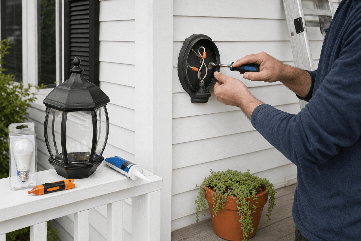 Outdoor porch light fixture with cover removed showing mounting screws being tightened against exterior wall, wire connections visible inside the electrical box, stepladder leaning against the house beside it