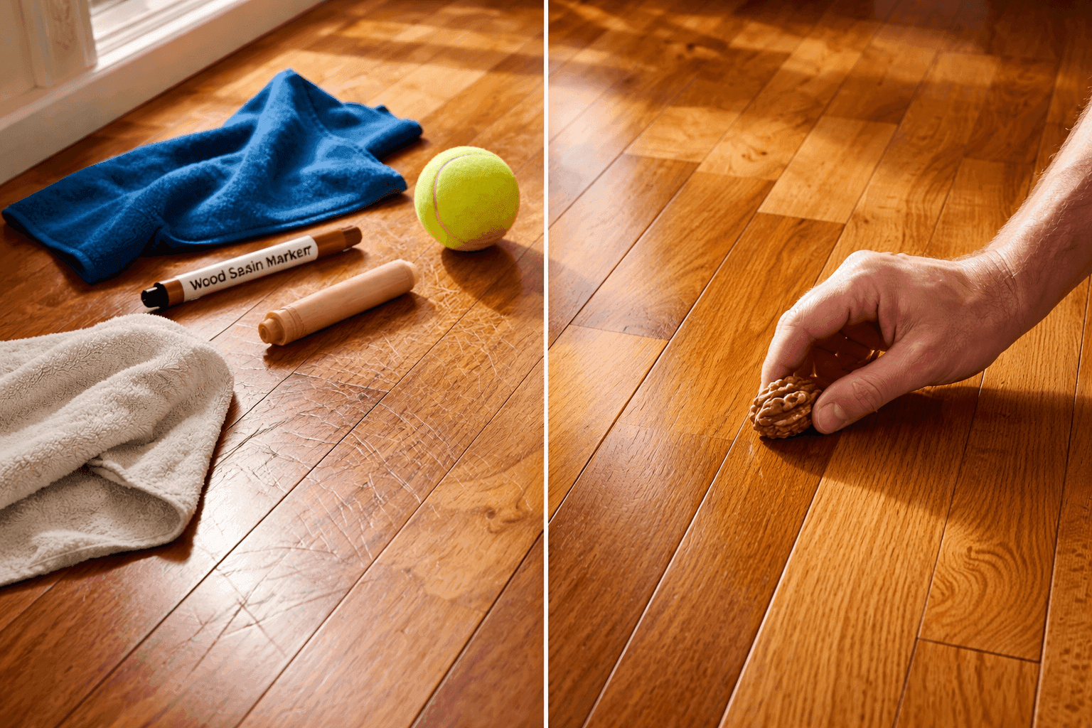 Before and after comparison of scratched hardwood floor being repaired with household solutions showing restoration