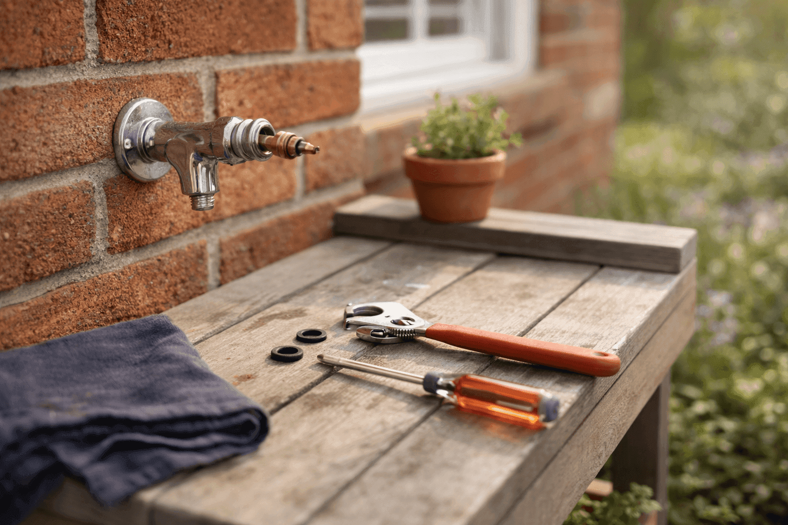 A close-up of an outdoor spigot being repaired on a brick exterior wall, with an adjustable wrench, small rubber washers, and O-rings laid out on a weathered wooden surface nearby