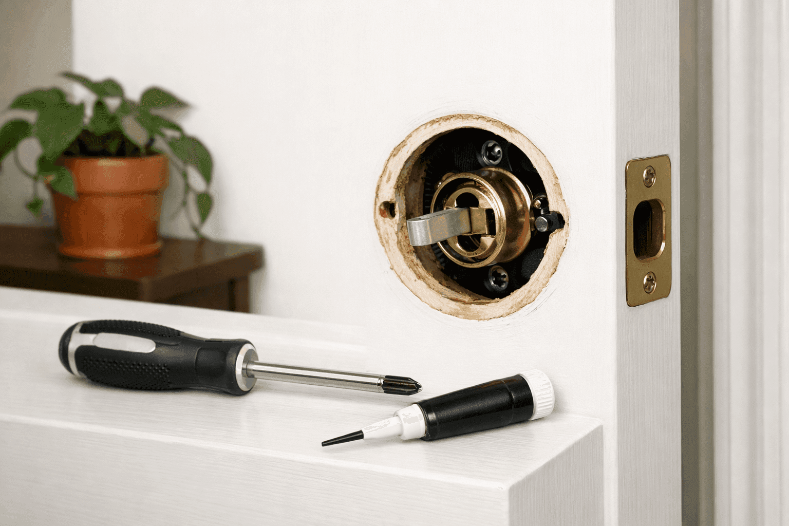 Close-up of a residential deadbolt assembly with the interior rose plate removed showing the mechanism, a graphite lubricant tube beside it and a screwdriver resting on the door surface