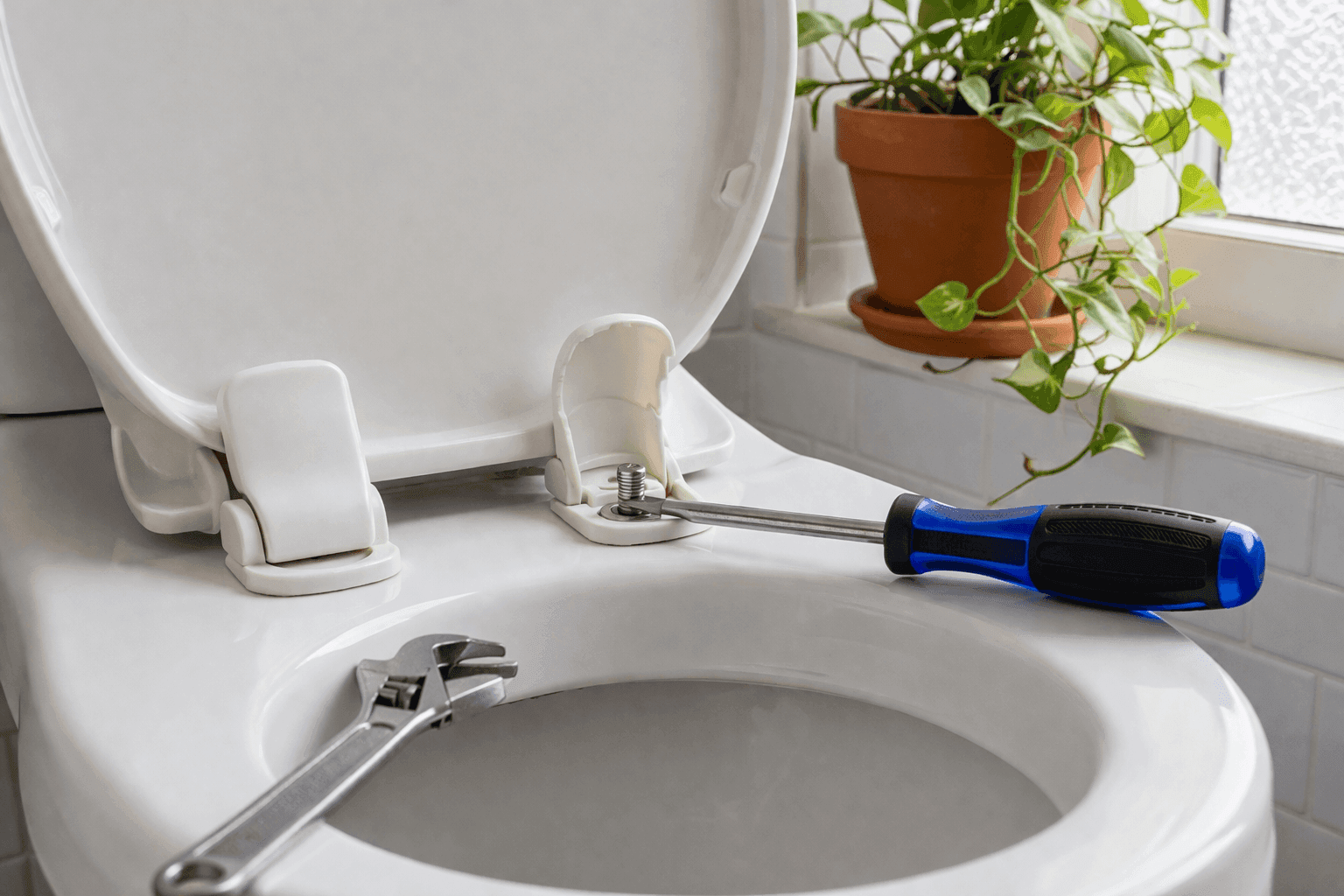 Close-up of a toilet seat hinge area with one plastic cap removed revealing the bolt and nut assembly beneath, a flathead screwdriver resting beside it on the porcelain rim
