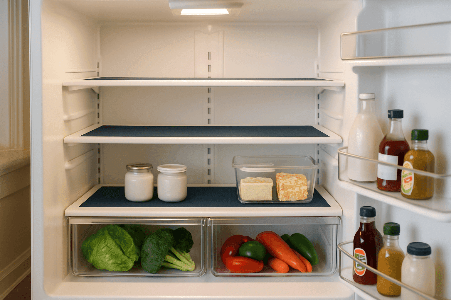 Sparkling clean organized refrigerator interior with empty space ready for holiday meal storage and party platters