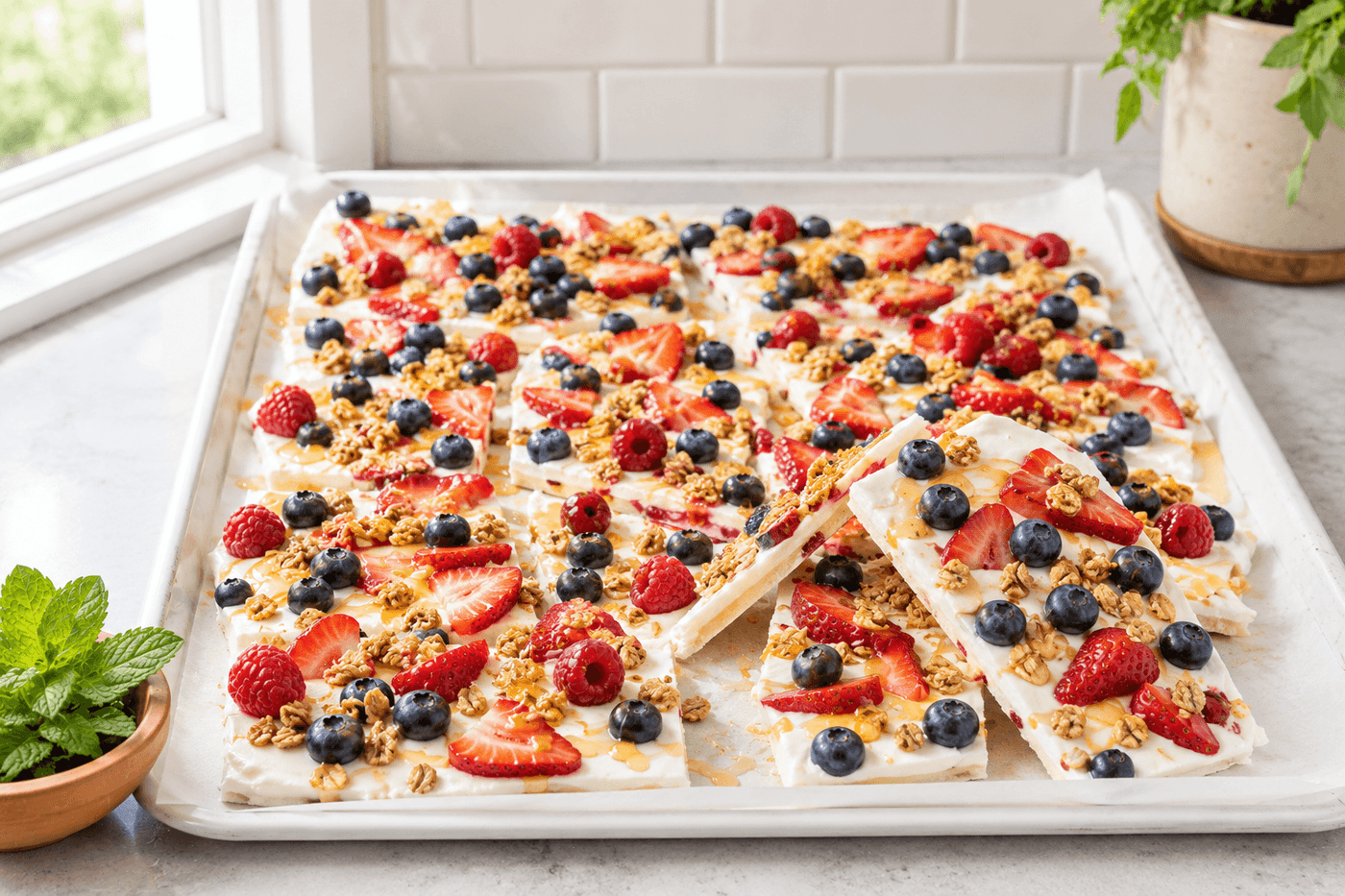 Sheet of broken frozen yogurt bark with blueberries, sliced strawberries, raspberries, honey drizzle, and granola scattered across a white yogurt base, broken into irregular pieces on parchment paper
