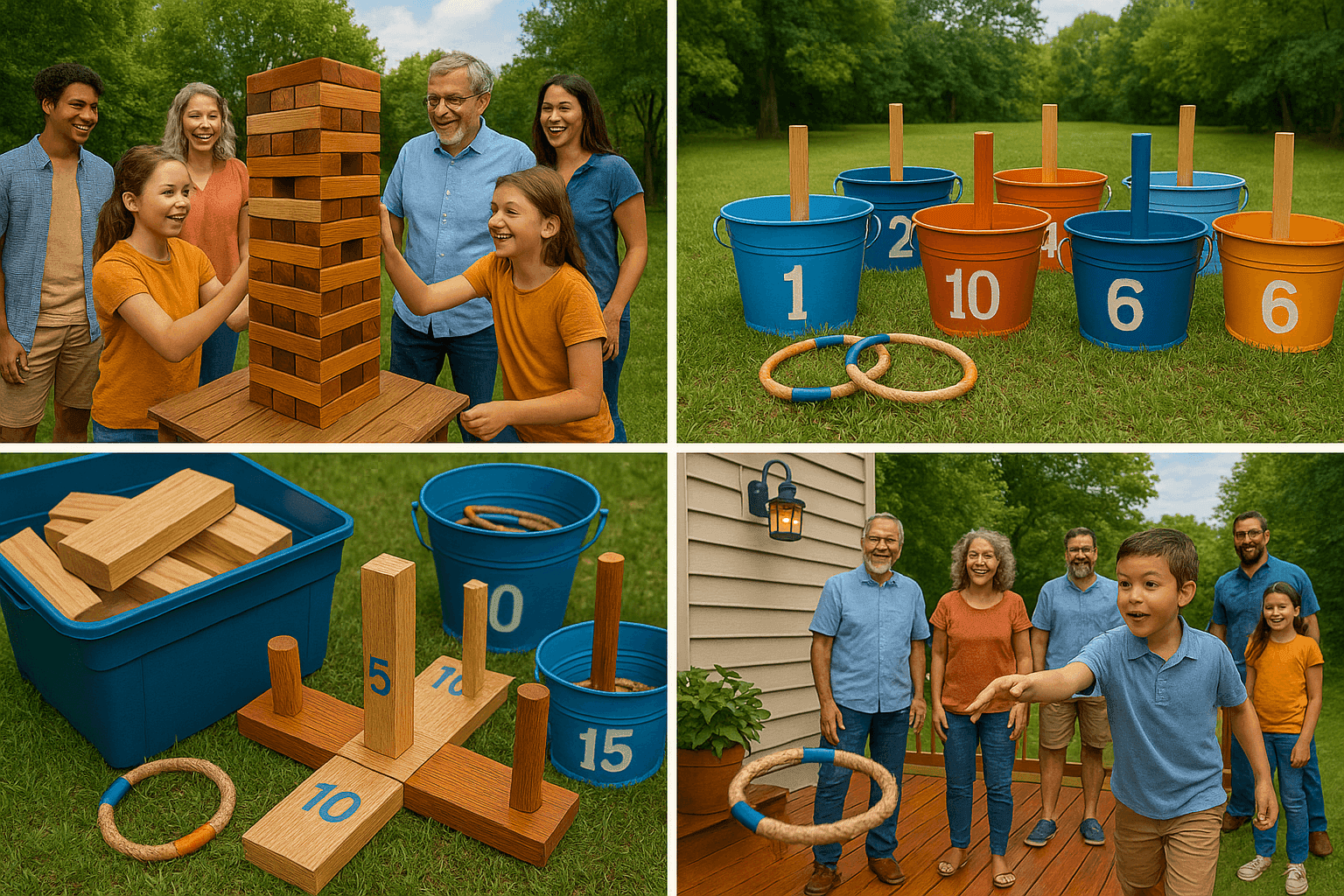 Exciting backyard party with giant Jenga blocks, oversized ring toss, and families enjoying supersized yard games