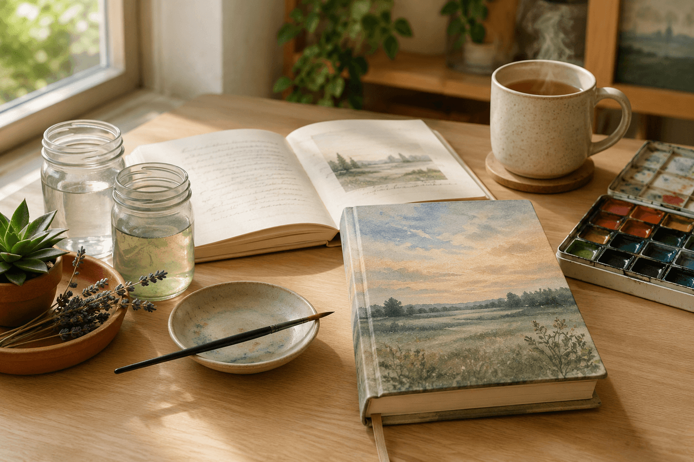 Handmade gratitude journal with a soft watercolor landscape cover in pale blues and greens, open beside a cup of tea and a small watercolor palette on a wooden desk