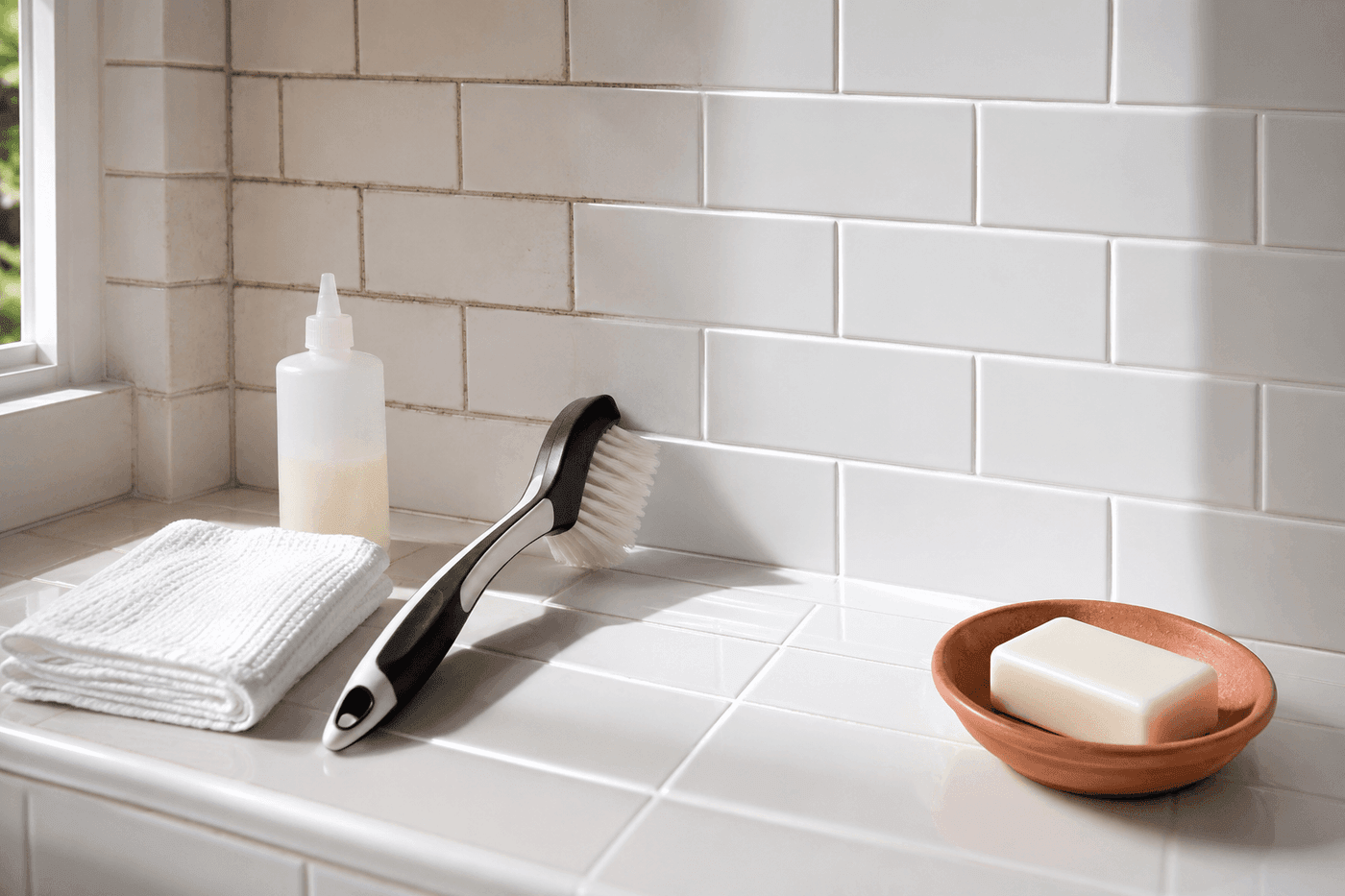 Bright white bathroom tile with freshly scrubbed and sealed grout lines, showing clean uniform grout alongside a grout brush and small bottle of sealer on the tile surface