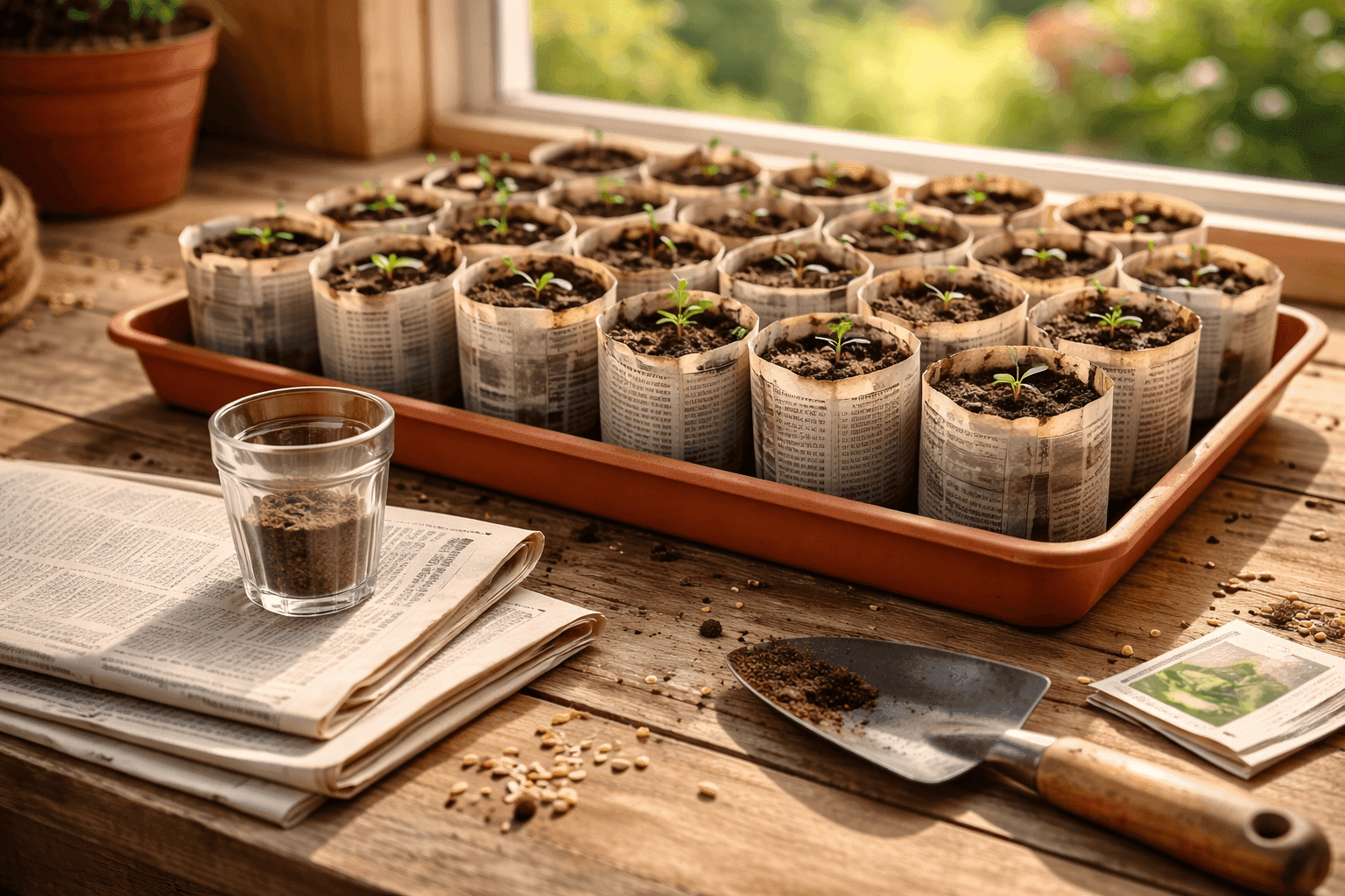 A tray of neatly folded newspaper seed pots filled with dark potting soil and tiny green seedling sprouts, arranged on a rustic wooden potting bench with morning light coming through a nearby window