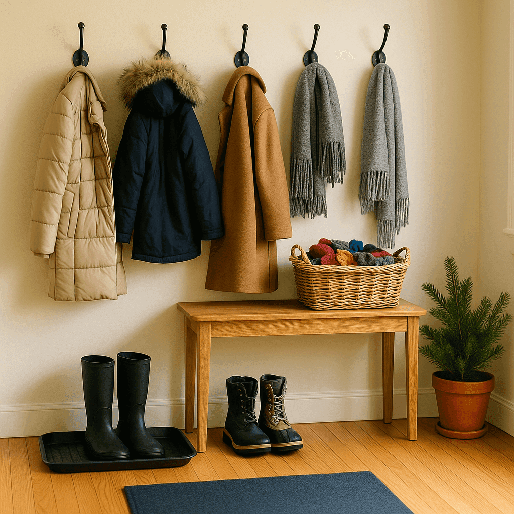 Organized entryway with wall hooks for coats, basket for gloves and scarves, and boot tray ready for holiday guests