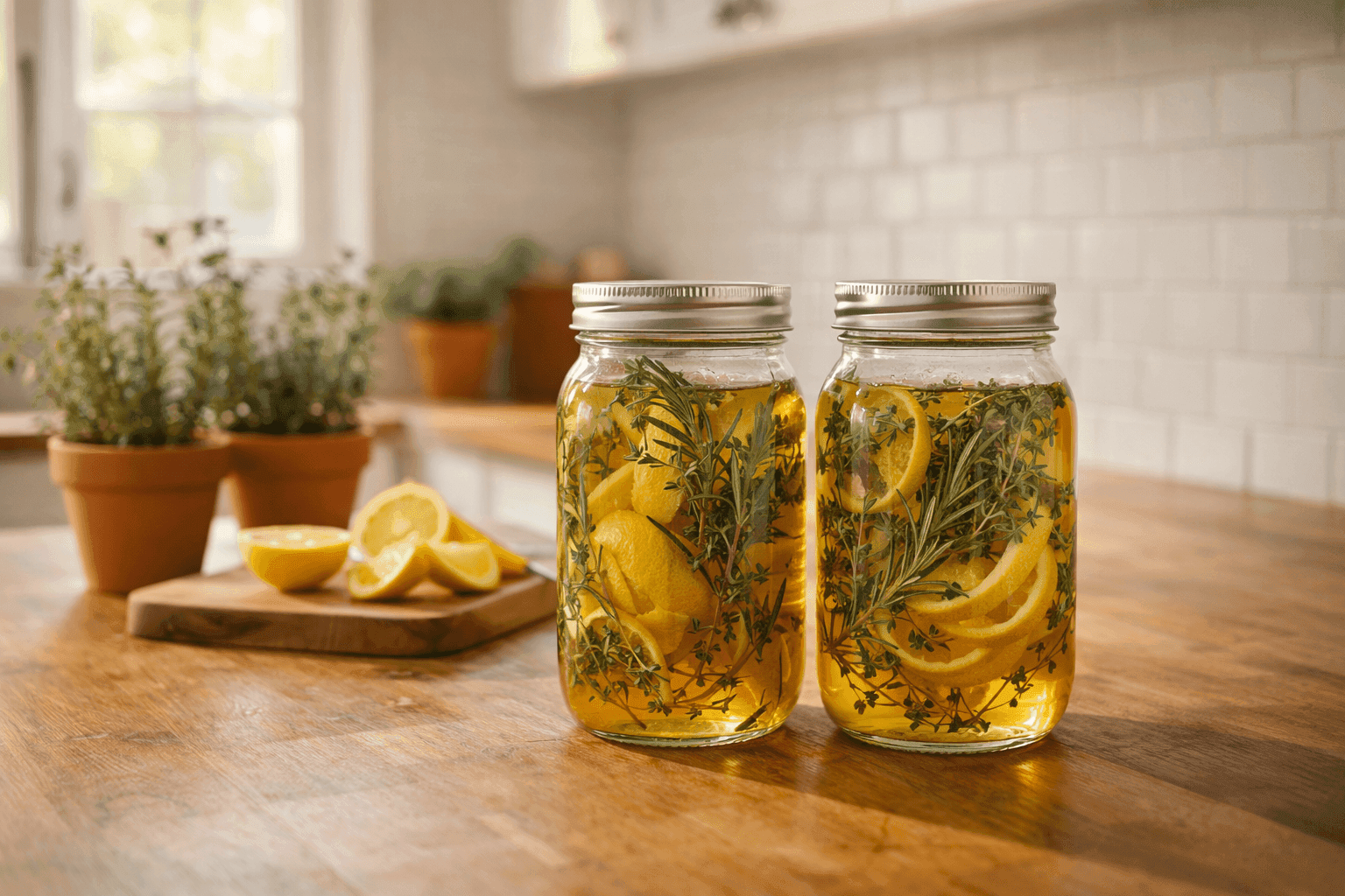 Glass jars of herb-infused vinegar cleaners with fresh lemon peels, rosemary, and thyme steeping in golden liquid on sunny kitchen counter