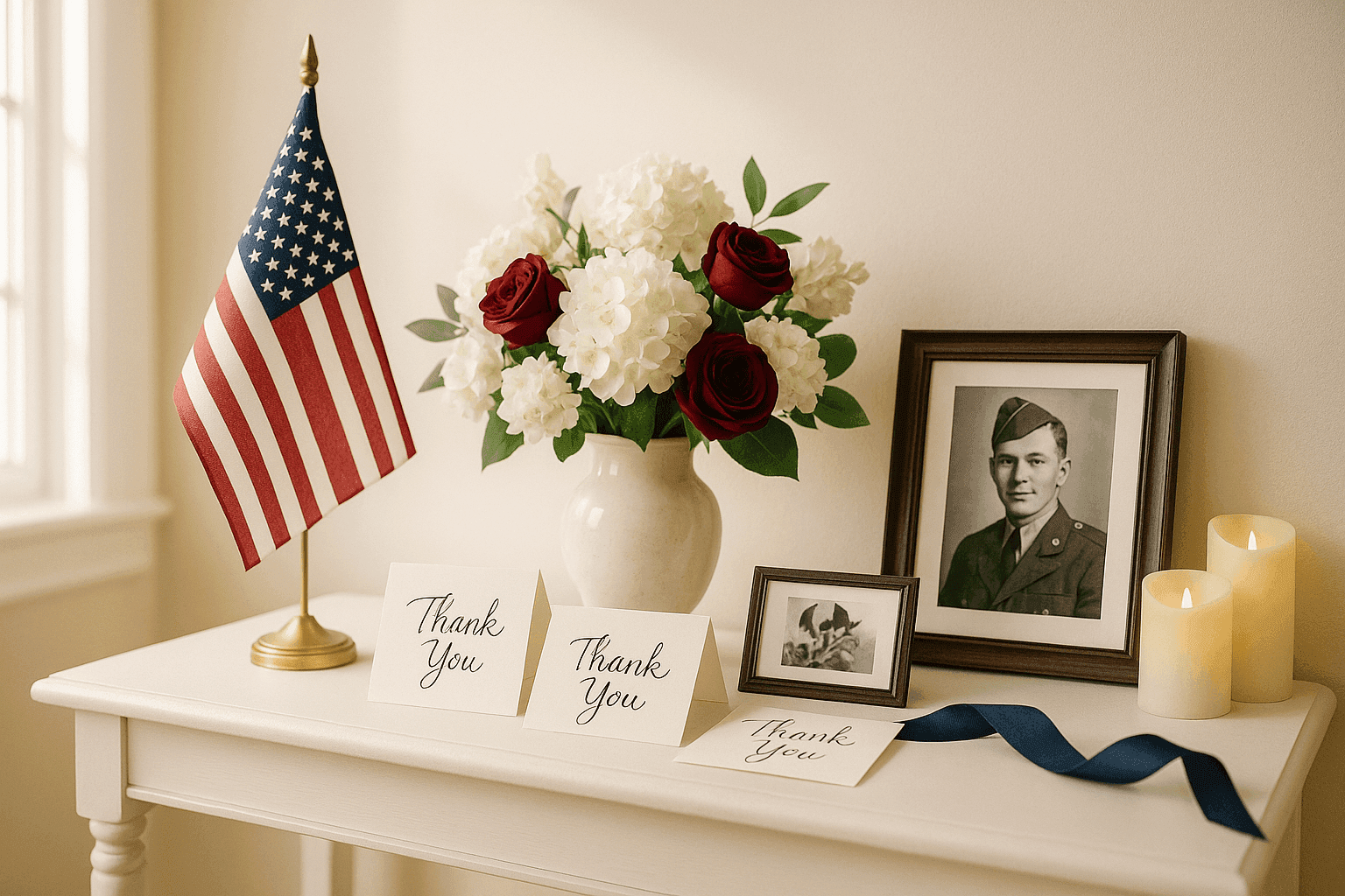 Tasteful Veteran's Day display on an entryway table with American flag, patriotic flower arrangement, and handwritten thank-you cards for veterans