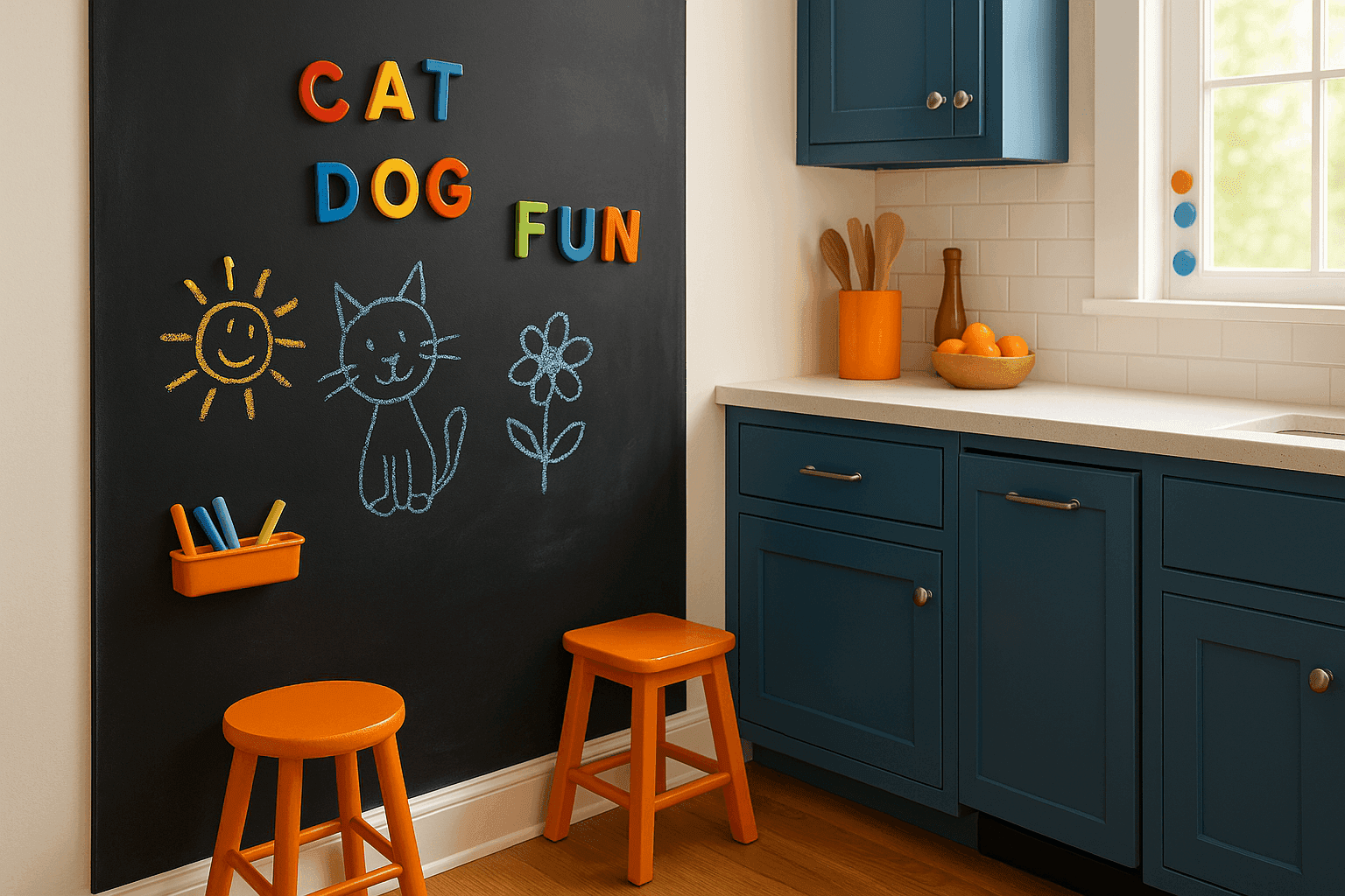 Playful kitchen corner featuring a magnetic chalkboard wall with colorful alphabet magnets and children's artwork