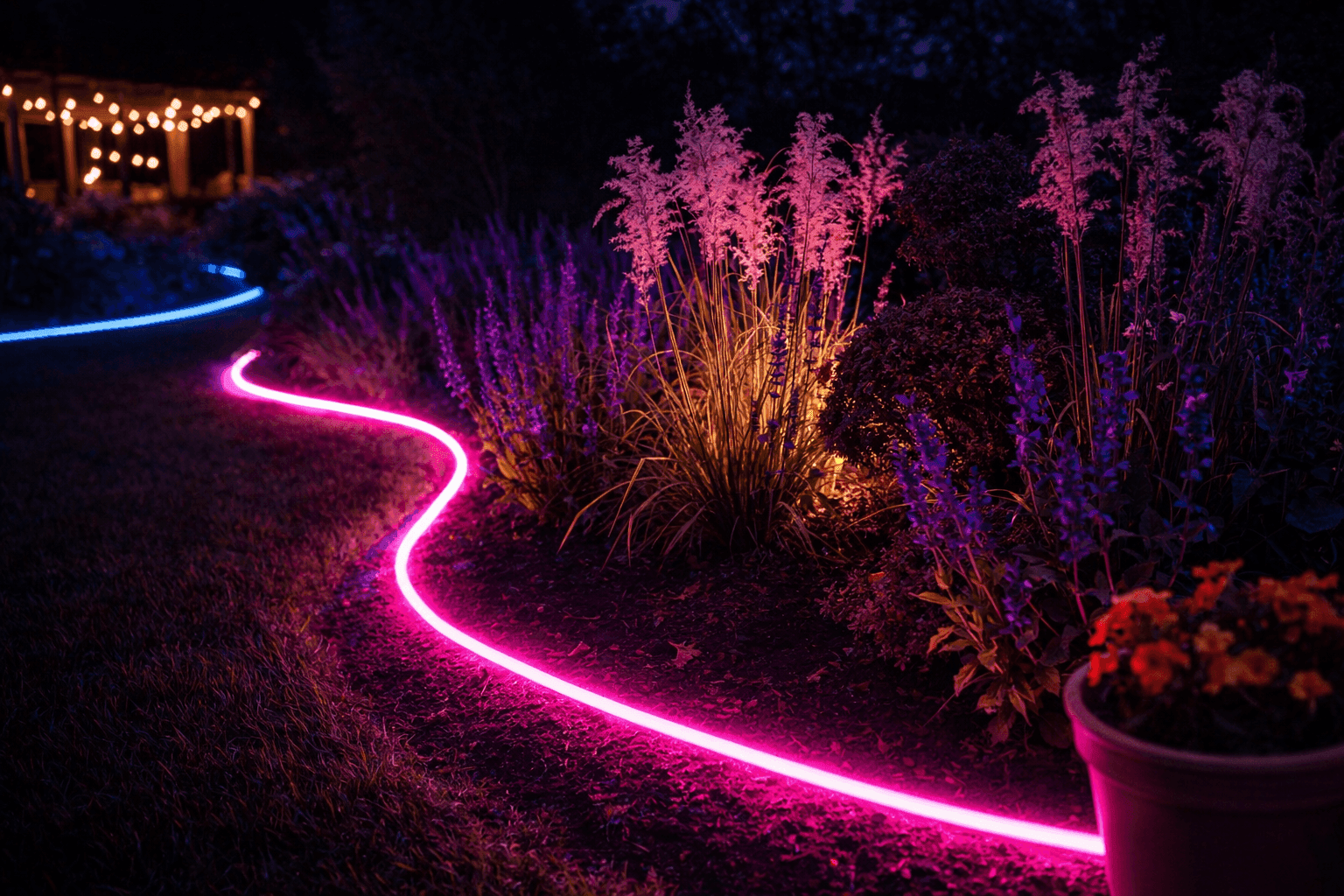 Glowing hot pink LED neon rope lights installed along a curved garden bed border at ground level, dramatically uplighting flowering plants against a dark evening sky