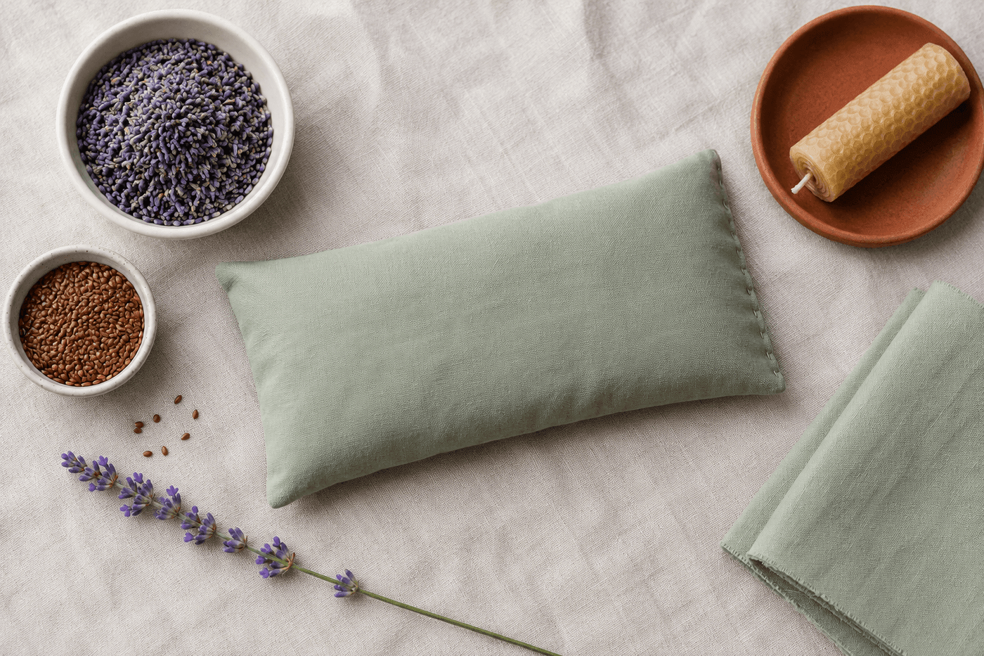 Handmade lavender eye pillow in soft cotton fabric resting beside a small bowl of dried lavender buds and flax seeds on a linen surface with a folded washcloth nearby
