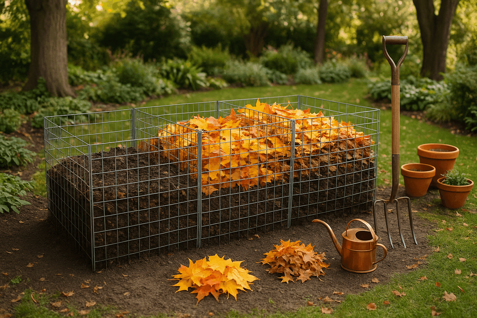 Wire bin compost system filled with colorful autumn leaves in various stages of decomposition in backyard garden setting