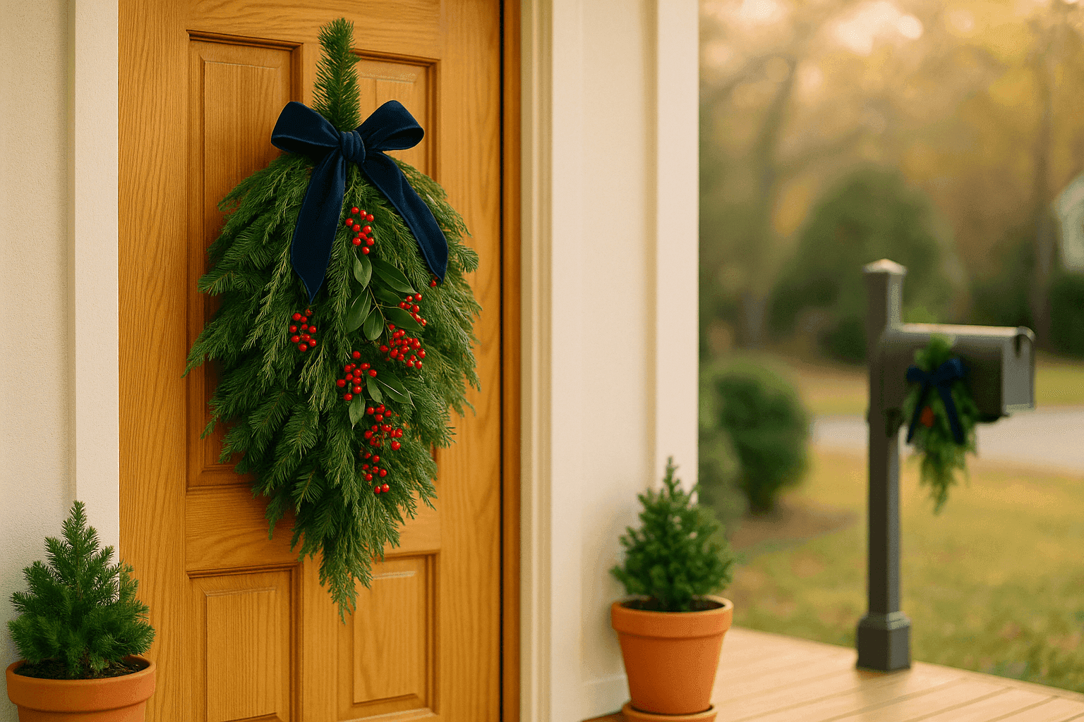 Fresh evergreen swag made from pine cedar and holly branches with red ribbon hanging on front door and mailbox