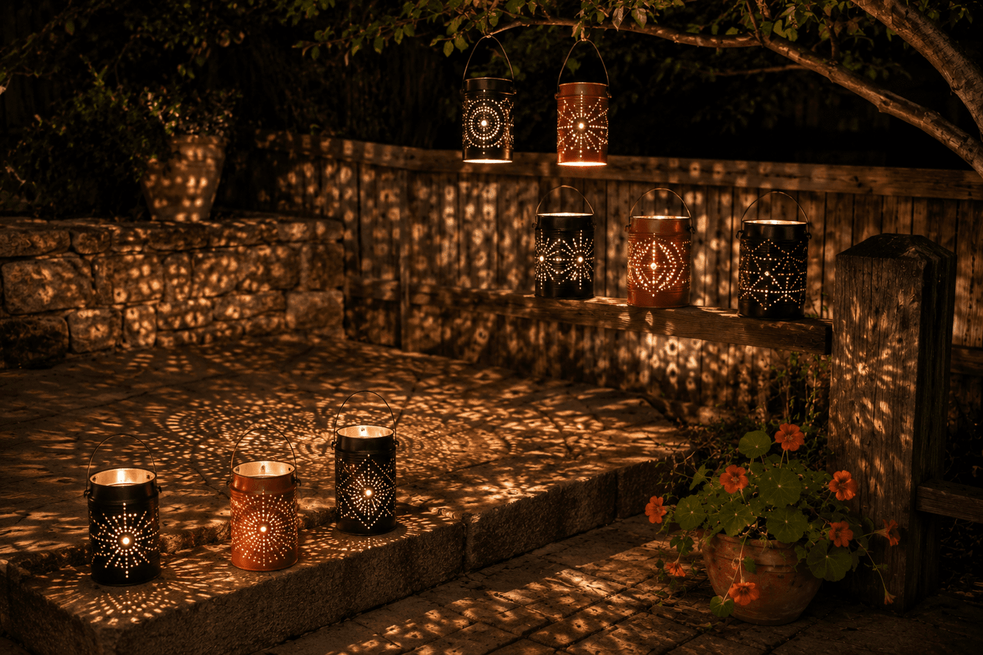 A cluster of punched tin can lanterns glowing with warm tea light flames on a patio fence rail at dusk, casting intricate geometric star patterns in dancing shadows across the surrounding surfaces