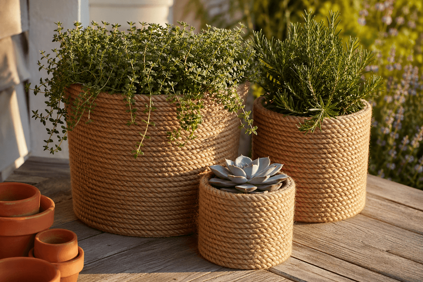 Three rope-wrapped planters in graduating sizes with natural jute rope coiled from base to rim, planted with herbs and trailing succulents on a sunny porch surface