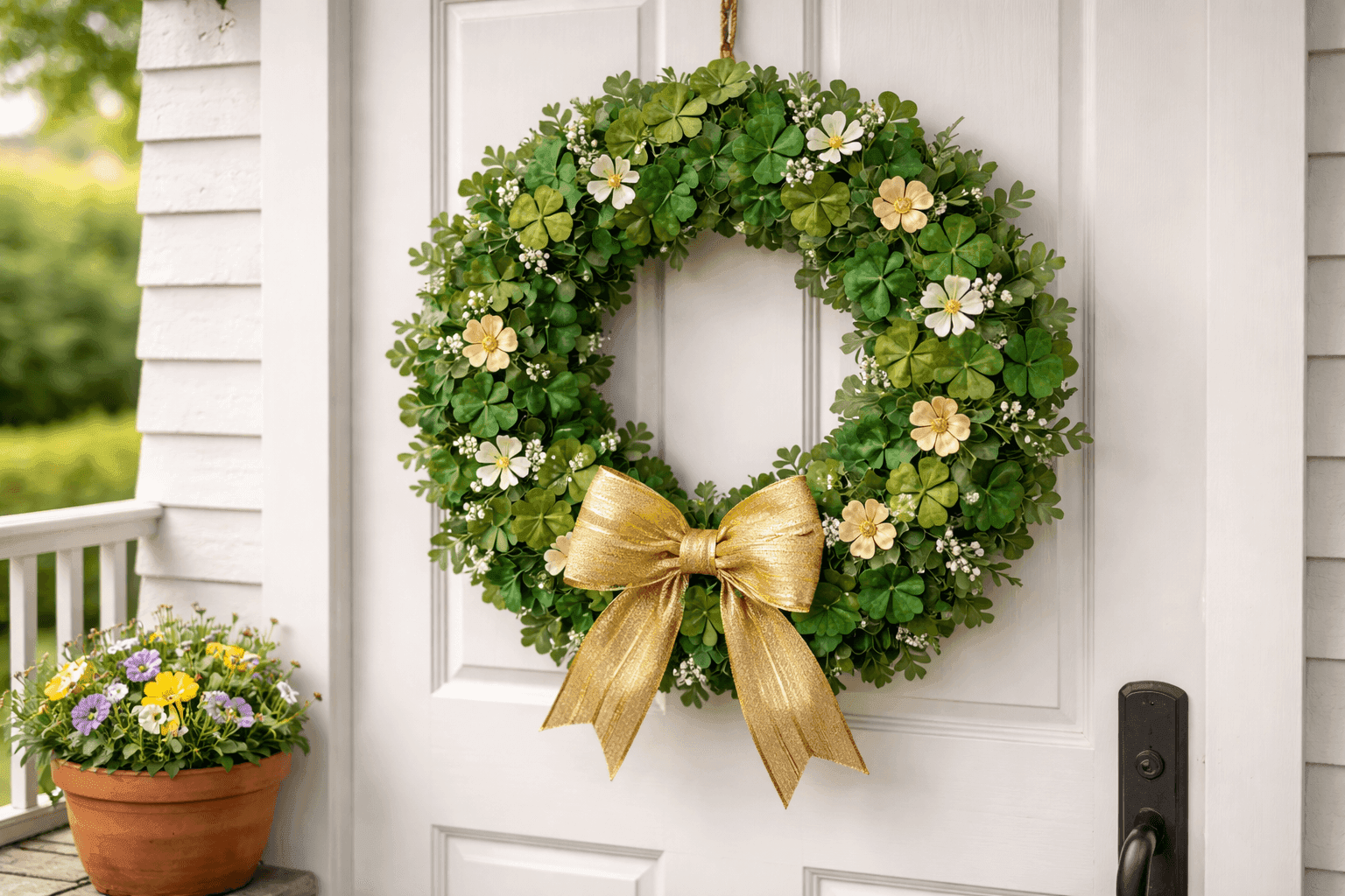 A lush green shamrock wreath made from dollar store supplies hanging on a white front door, densely covered in artificial shamrocks and green ribbon with a gold wired ribbon bow at the bottom and small gold coin accents