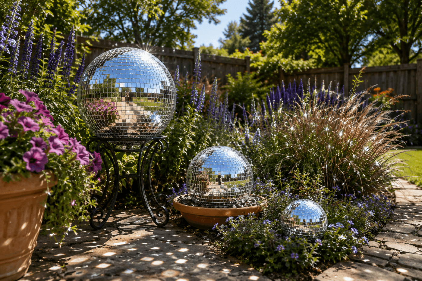 Three mirror mosaic gazing balls in different sizes displayed in a lush garden bed, throwing dancing light reflections across surrounding plants and the garden path in afternoon sunlight