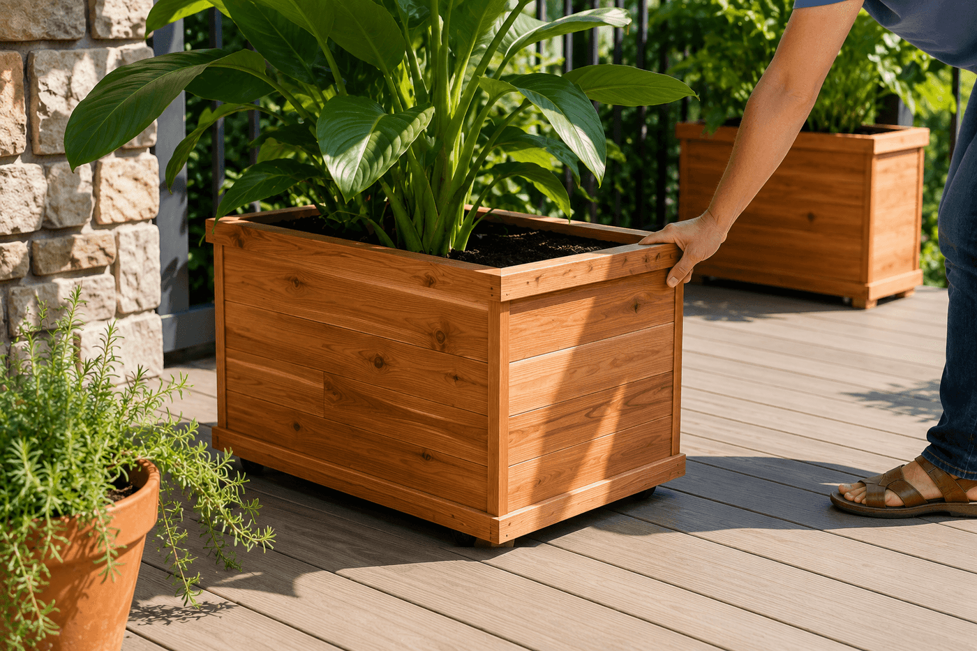 Cedar planter box with hidden swivel casters at the base being rolled across a sunny patio deck, planted with a large tropical plant, with the decorative base trim concealing the wheels from view