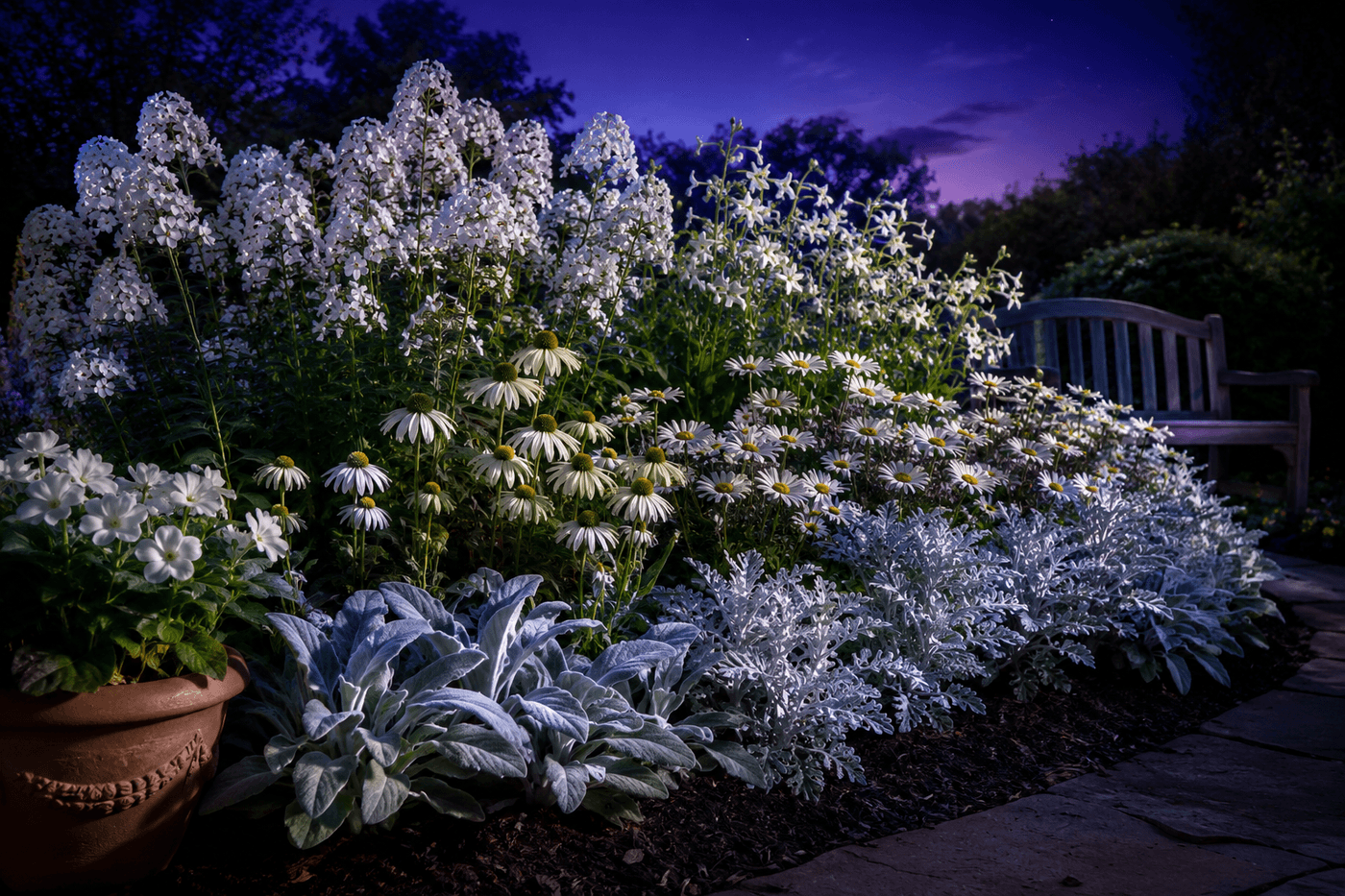 Lush moonlight garden at dusk featuring tall white phlox and nicotiana at the back glowing against a deep blue twilight sky, white coneflowers and shasta daisies in the middle tier, and silver lamb's ear cascading along the front border edges